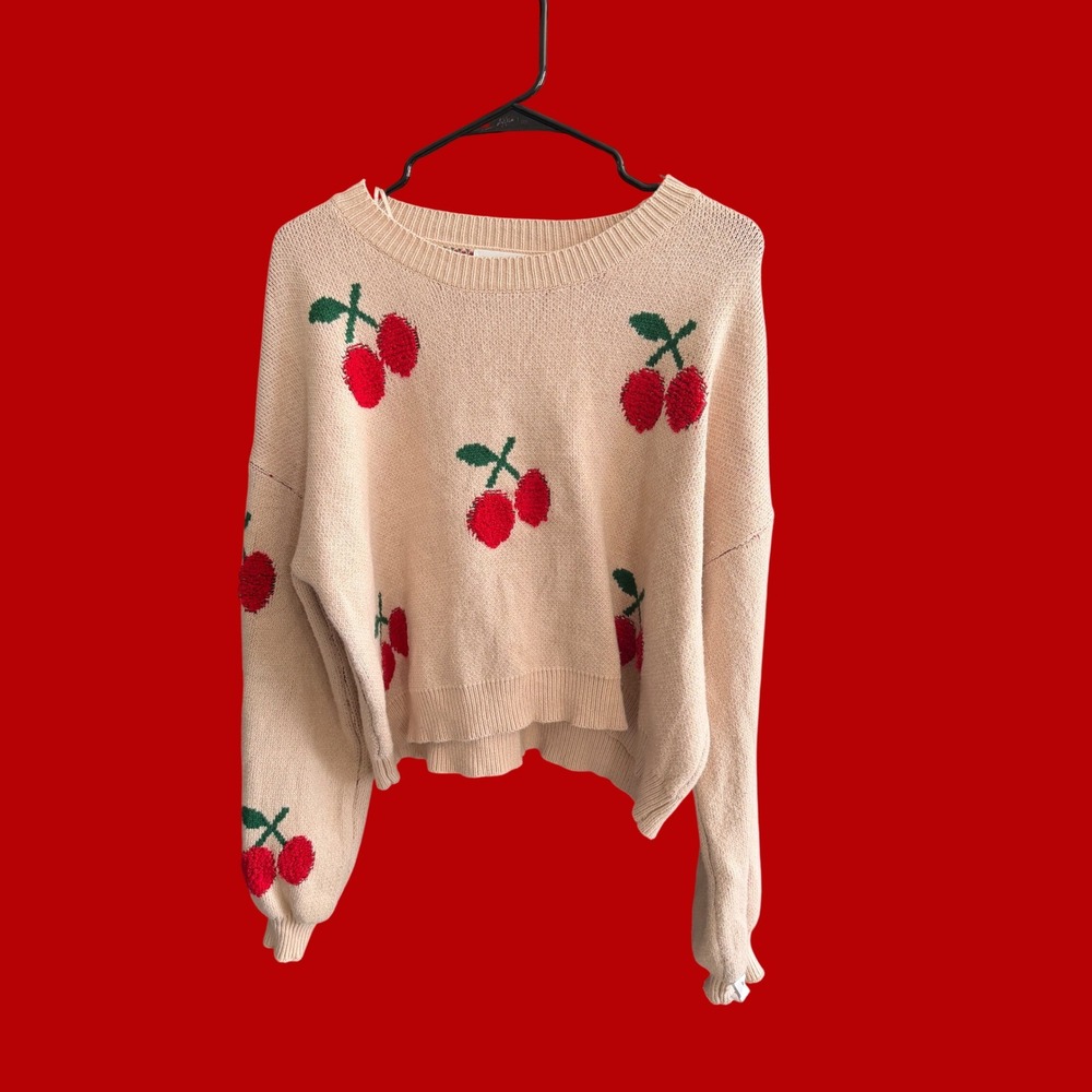 Altar'd State Cherry Knit Sweater Beige Red Cropped Boxy Pullover Medium